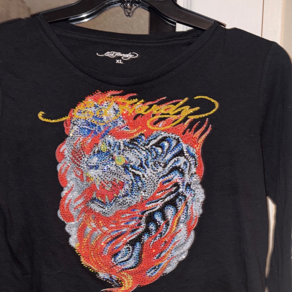 Ed HARDY Black Long Sleeve Top with Tiger Graphic